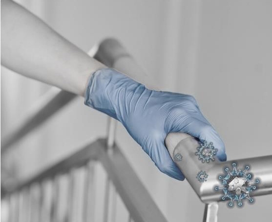 gloved hand touches banister with germs